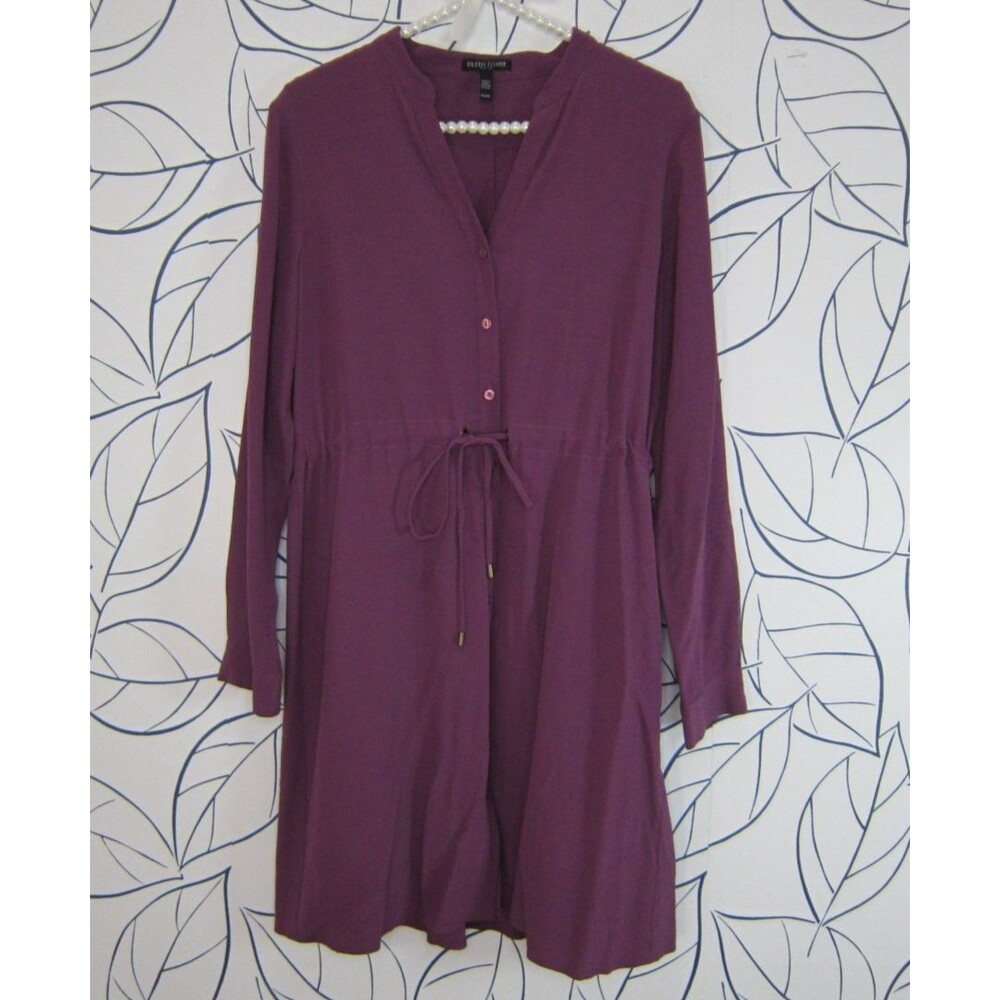 Eileen Fisher Purple Long Sleeve Crepe Drawstring Shirt Dress Size S Petite